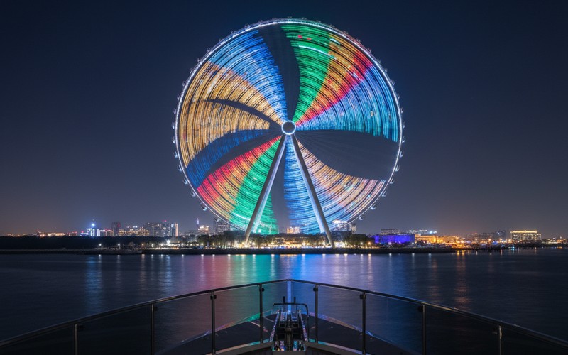 Ain Dubai observation wheel at night viewed from yacht