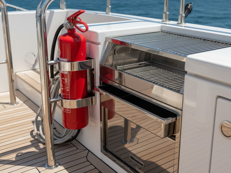 DMCA compliant fire safety CO2 extinguisher adjacent to BBQ grill on Dubai boat