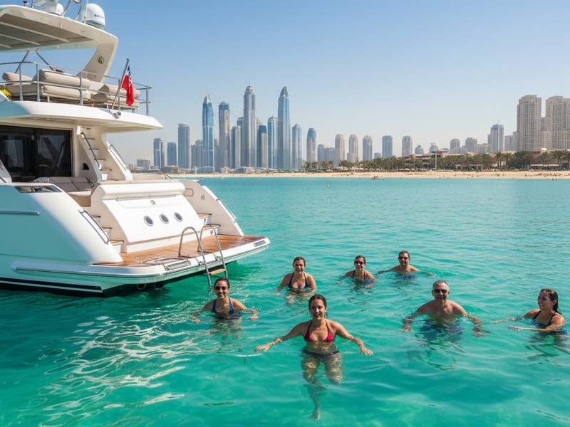 JBR sea anchorage swim stop from BBQ boat Dubai Marina