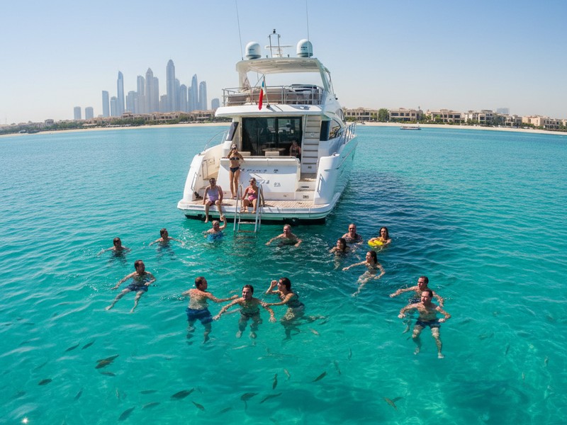 Palm Jumeirah Lagoon swim stop from BBQ boat Dubai — 4–6 m crystal clear water