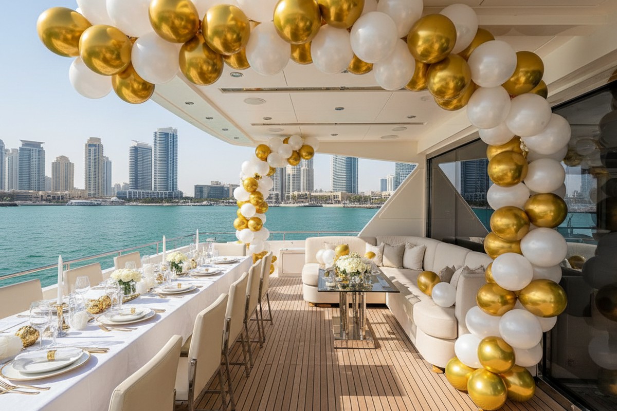 Balloon arch decorations on birthday yacht in Dubai