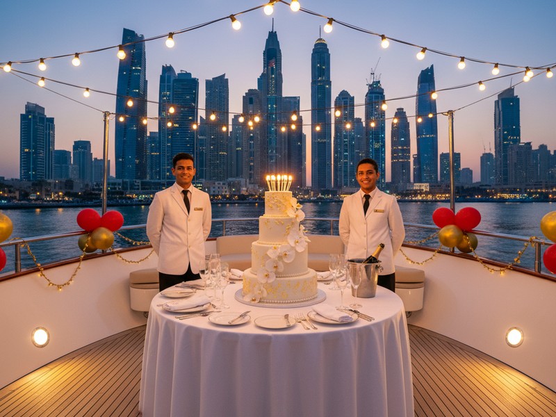 Birthday cake served on yacht deck with candles and Dubai Marina view