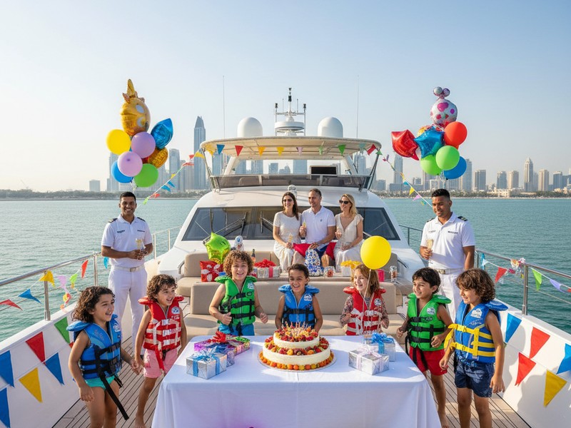 Kids birthday party on yacht with life jackets and balloons Dubai