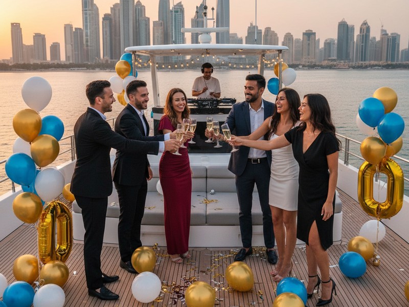 Milestone birthday celebration on luxury yacht deck Dubai with group of friends