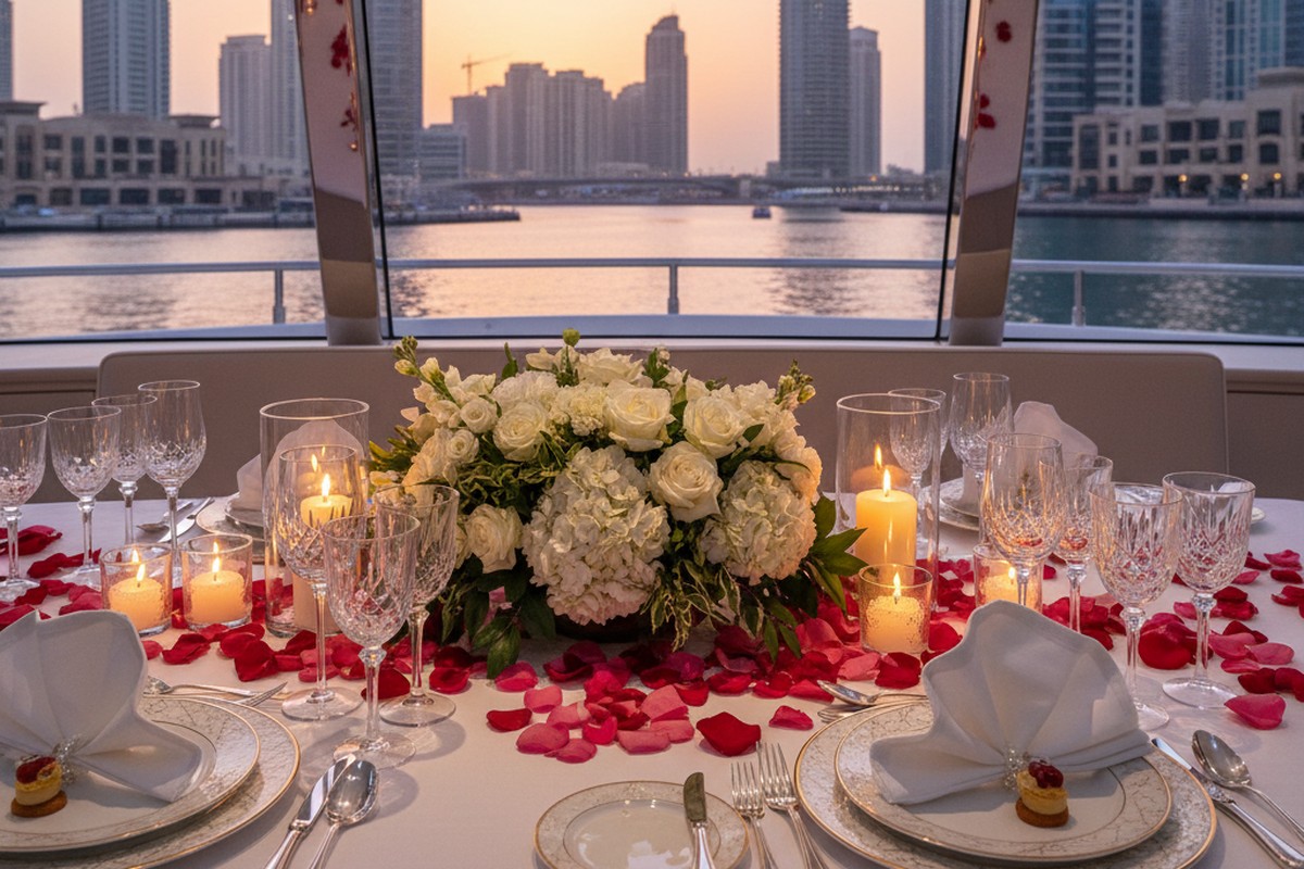 Table decorations for birthday dinner on yacht Dubai