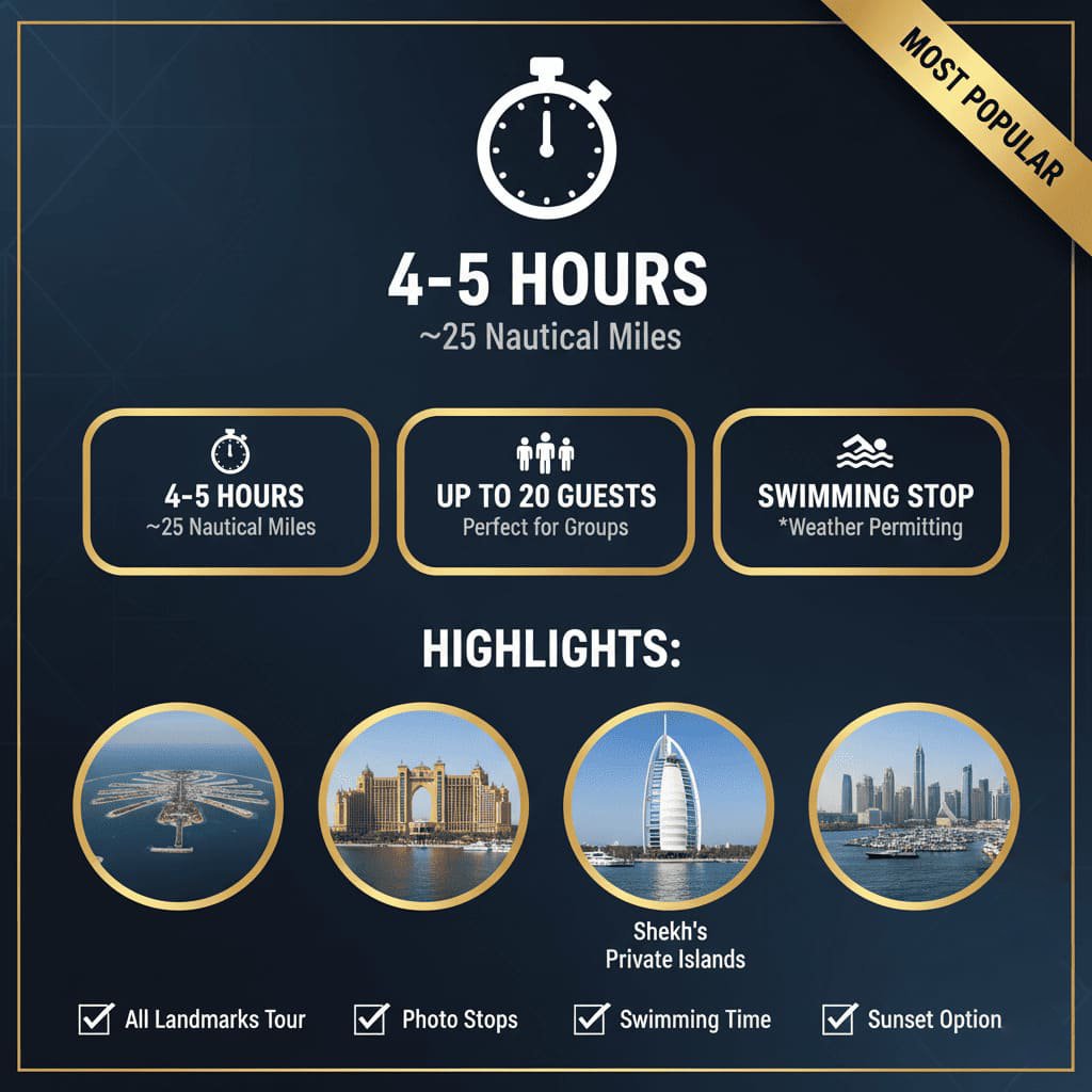 Palm Jumeirah yacht dinner route: Atlantis and Burj Al Arab.