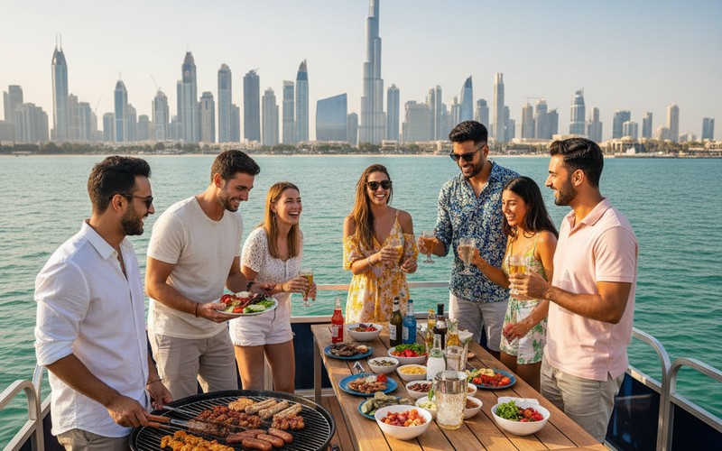 Gas BBQ grill setup on boat aft deck for Dubai charter
