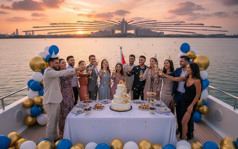 Birthday yacht rental Dubai — themed décor, cake, music and swim stop for any group size