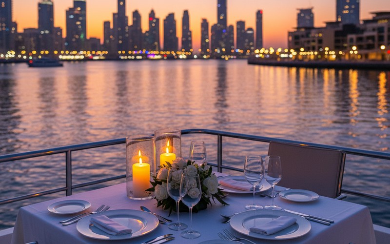 Bow dining area on yacht with open-air 360-degree views Dubai