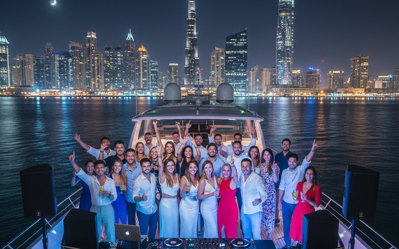 Yacht party Dubai — party vessel with sound system and open deck for groups 15–50