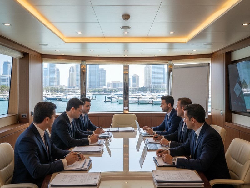Executive board meeting in luxury yacht salon with Dubai Marina view