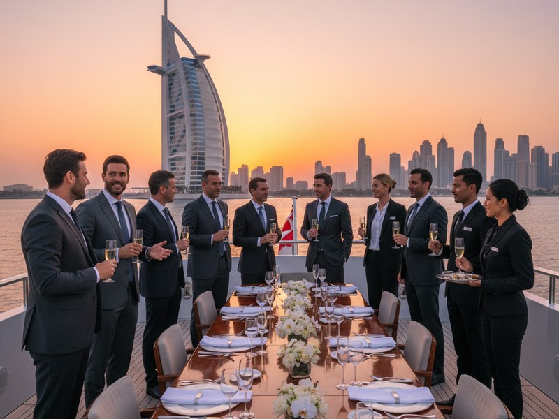 Corporate VIP client entertainment on luxury yacht Dubai with Dubai skyline
