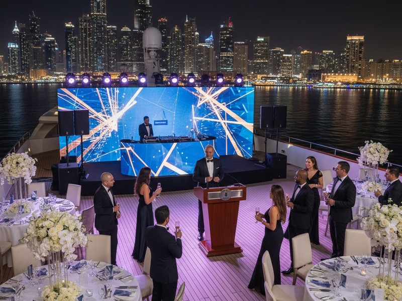Corporate gala award ceremony on superyacht with Dubai skyline at night