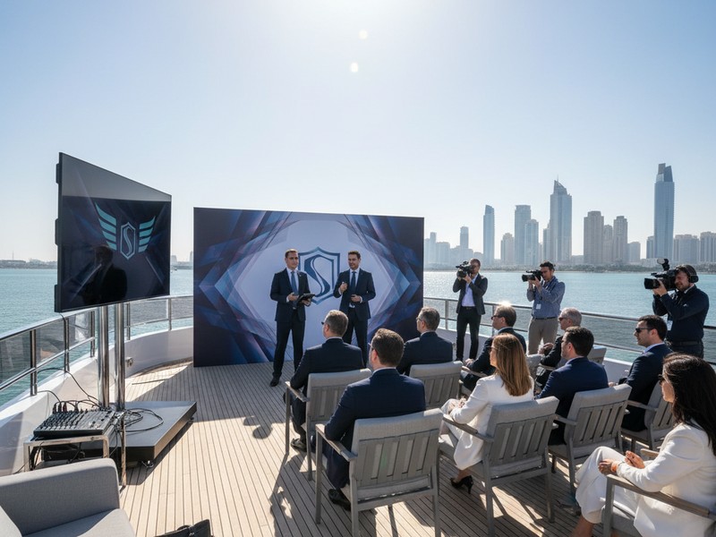 Corporate product launch press event on yacht with AV screen and microphone Dubai