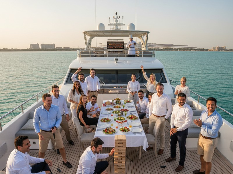 Corporate team building activities on yacht Dubai with Palm Jumeirah view