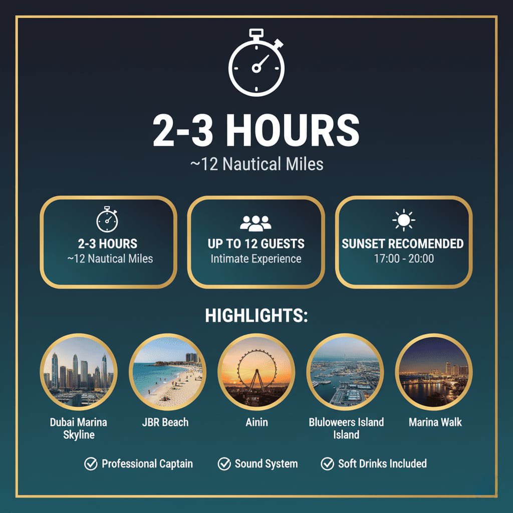 Dubai Marina JBR yacht dinner route: calm water, illuminated skyline.