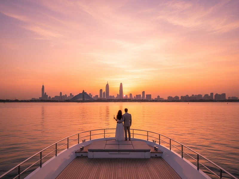 Golden hour sunset on yacht cruise Dubai — warm orange light over water