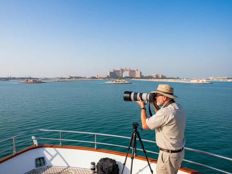 Professional photography setup on luxury yacht deck capturing Dubai landmarks