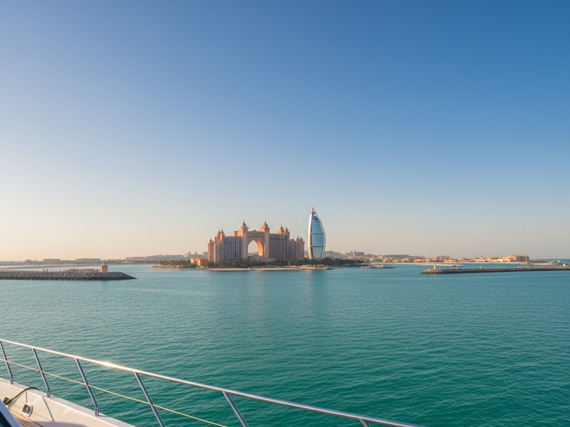 Atlantis The Palm and Atlantis The Royal viewed from yacht at Palm Jumeirah outer crescent