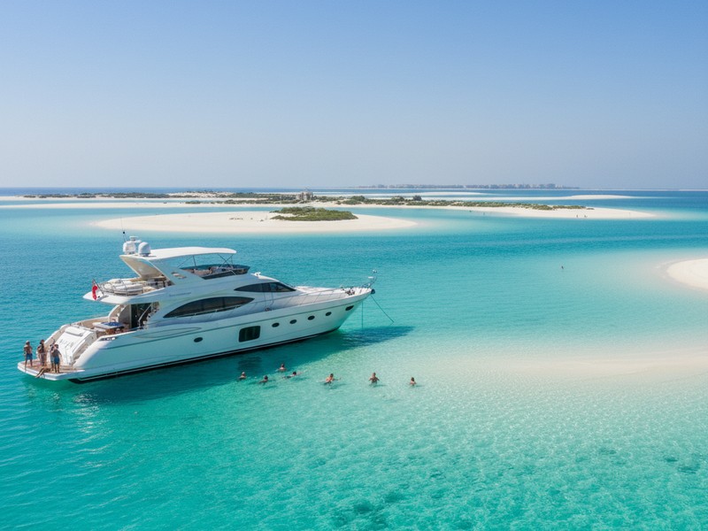 Luxury yacht anchored near World Islands Dubai offshore archipelago