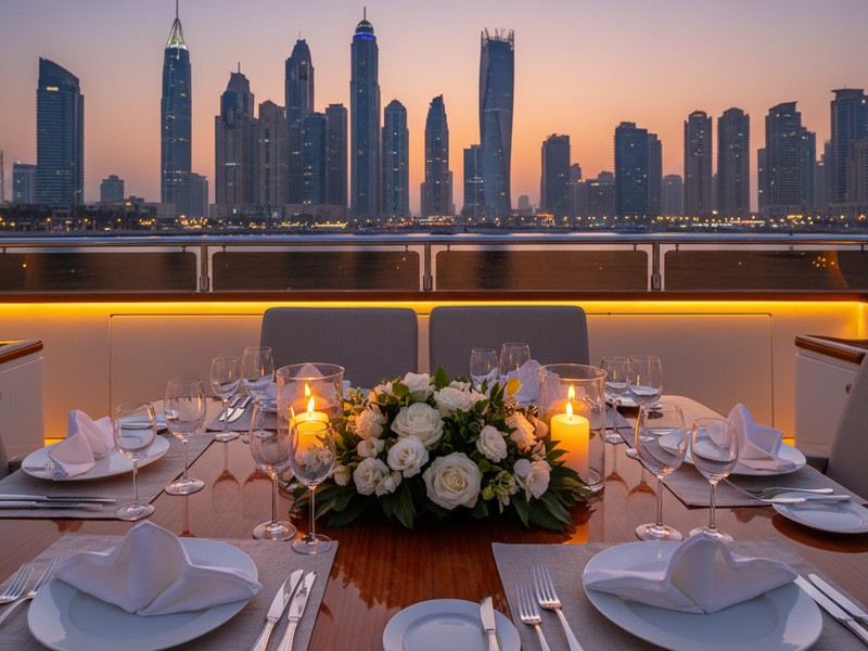 Elegant yacht dining table setup with LED ambiance and candles at sunset Dubai