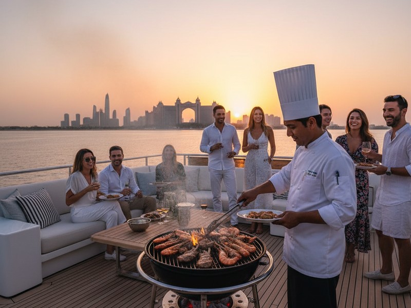 Live BBQ station on yacht aft deck with grilled lamb and seafood Dubai
