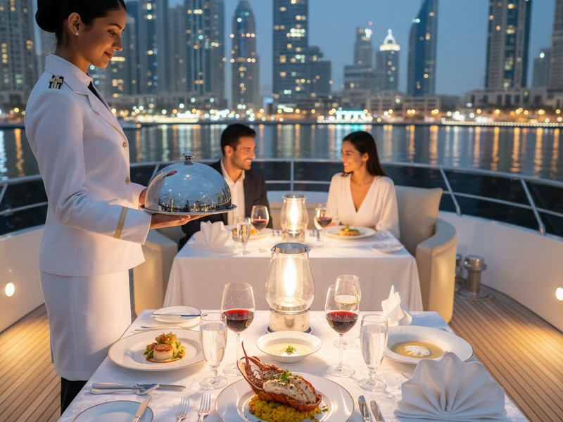 3-course dinner catering service on yacht with professional crew in Dubai