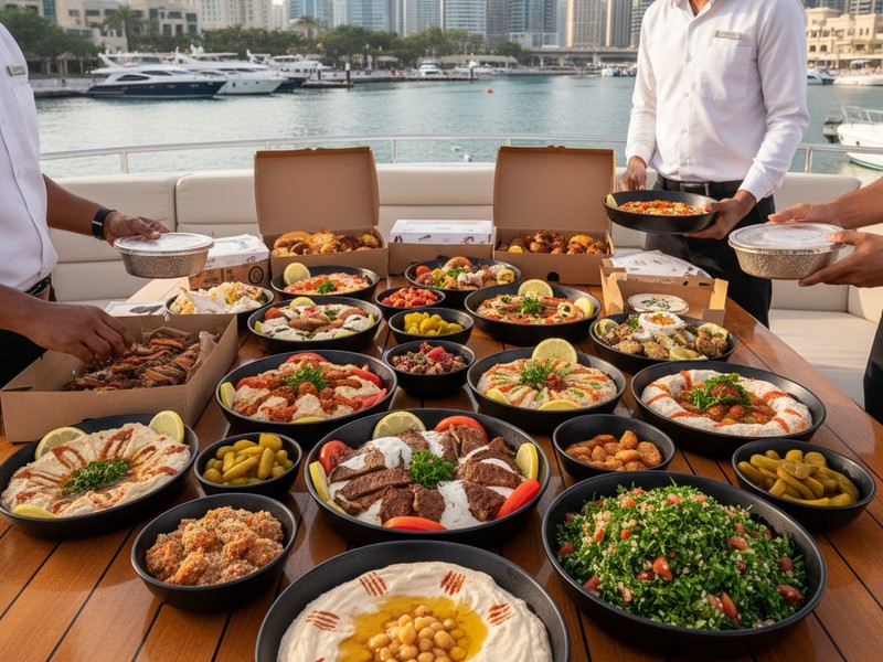 Restaurant delivery catering setup on yacht at Dubai Marina