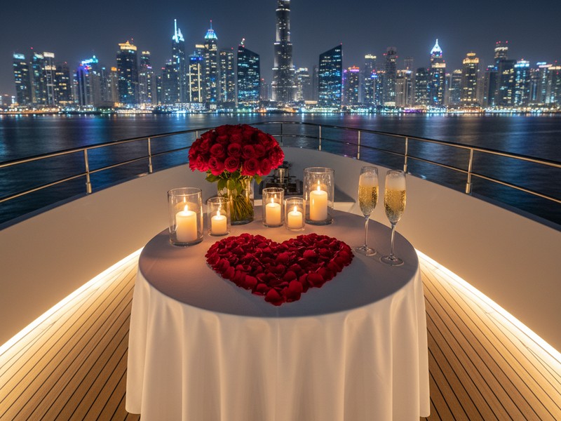 Valentine's Day romantic dinner setup on yacht with Dubai skyline