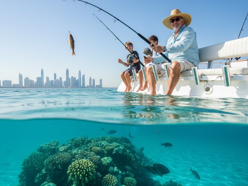 Bottom fishing over reef Dubai Hammour Grouper Snapper charter
