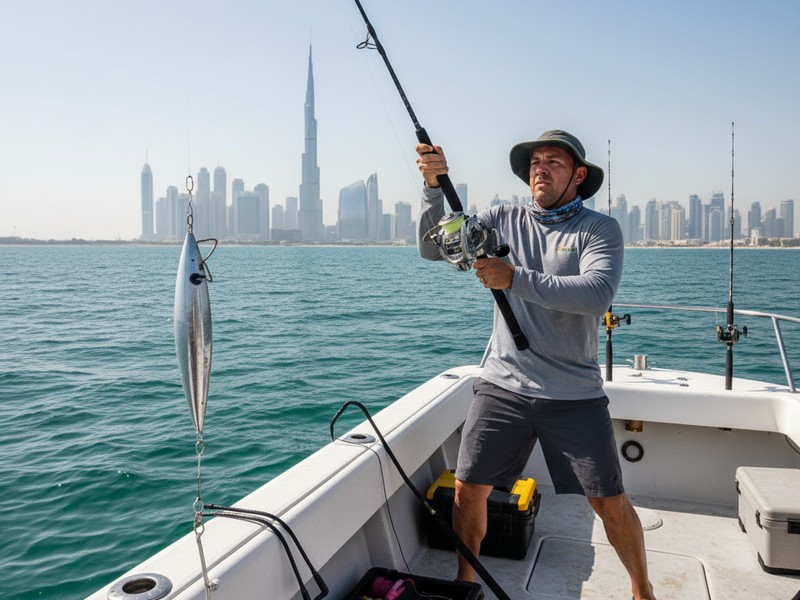 Vertical jigging technique deep sea fishing Dubai Grouper Tuna