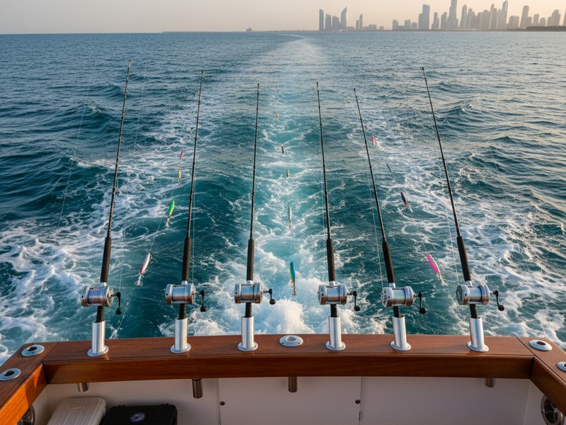 Trolling fishing technique multiple rods behind boat Dubai charter