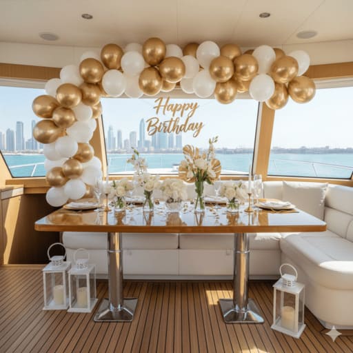 Luxury yacht decoration and event styling in Dubai.