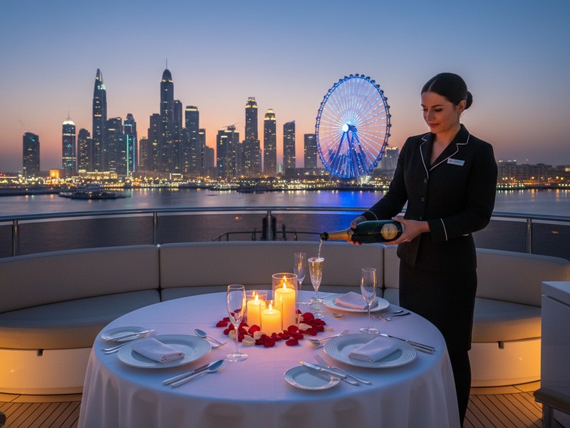 Anniversary candlelight dinner on yacht with Dubai Marina skyline