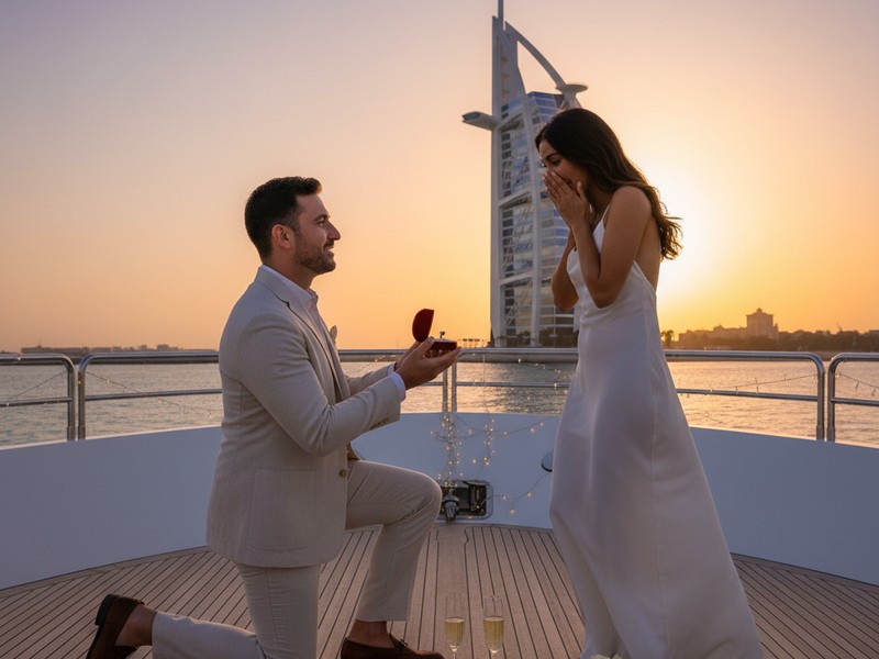 Marriage proposal on yacht deck at sunset near Burj Al Arab Dubai