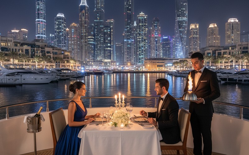 Anniversary dinner on luxury yacht Dubai Marina — private dining with illuminated skyline