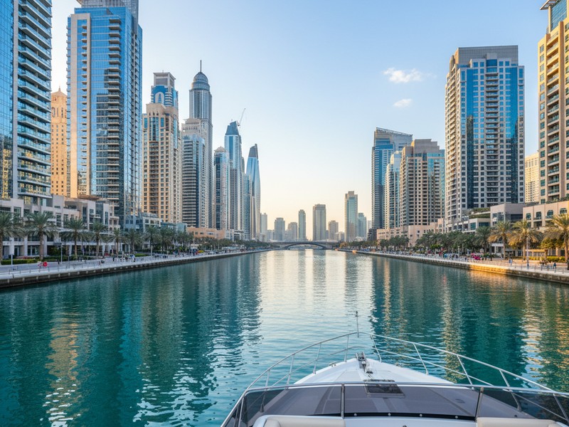 View from yacht sailing through Dubai Marina canal with skyline reflections