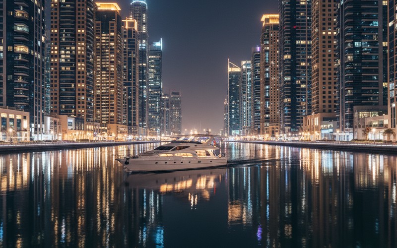 Dubai Marina canal at night — tower reflections in calm water during dinner cruise