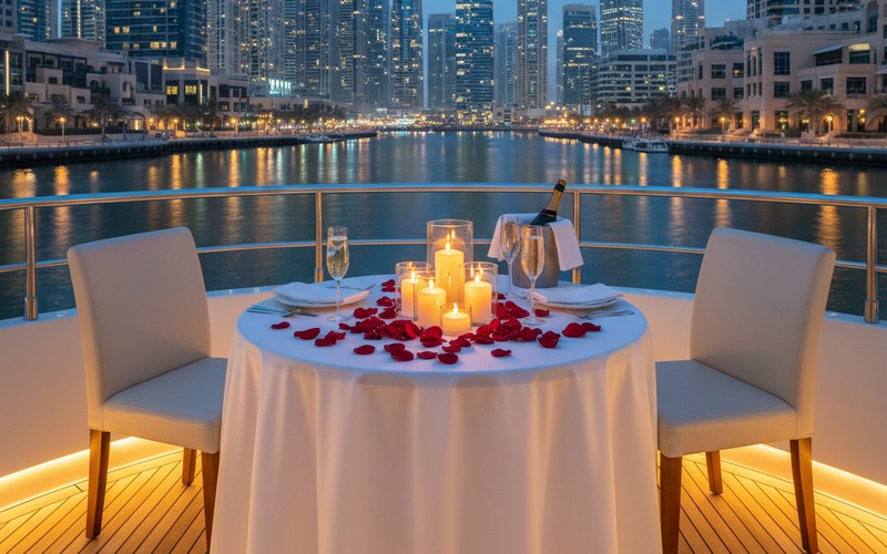 Romantic dinner table on yacht in Dubai Marina canal