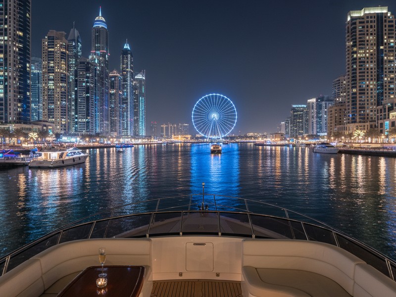 Night cruise Dubai Marina skyline illuminated from yacht deck