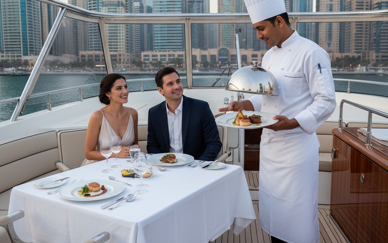 Private chef serving 3-course dinner on yacht in Dubai Marina