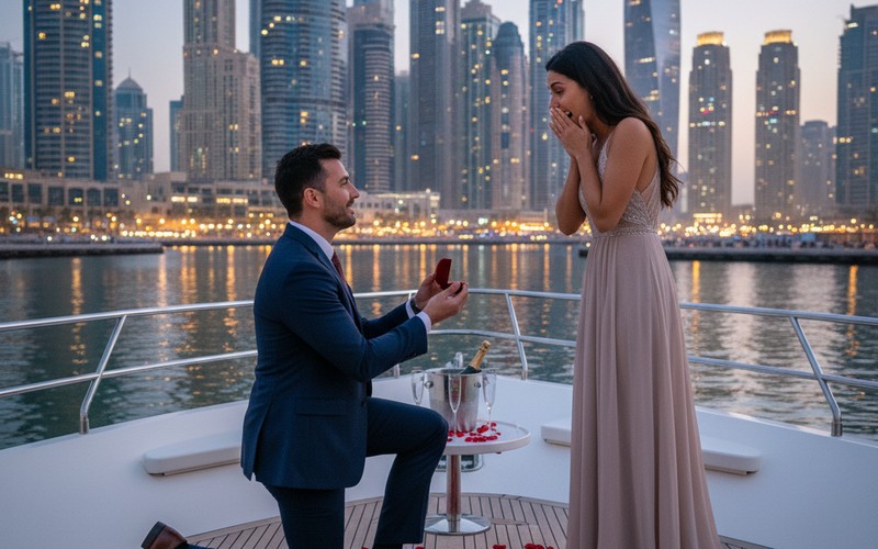 Marriage proposal on yacht in Dubai Marina — romantic canal backdrop at dusk