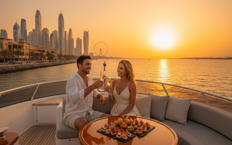 Champagne sunset drinks on yacht departing Dubai Marina