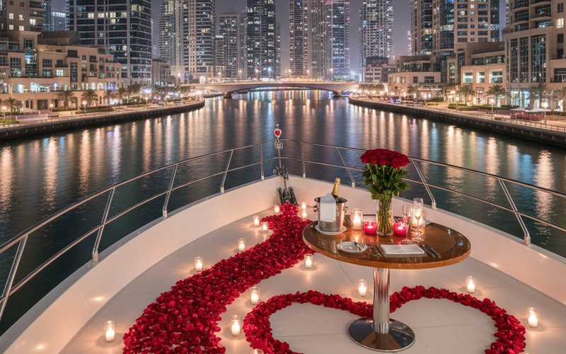 Valentine's Day yacht dinner Dubai Marina — roses, candles and romantic canal atmosphere