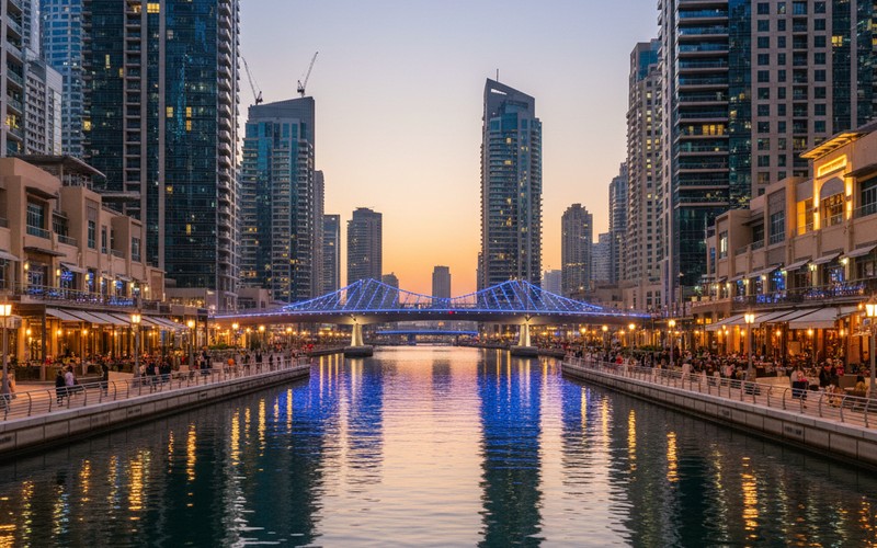 Dubai Marina Walk restaurants viewed from yacht at night