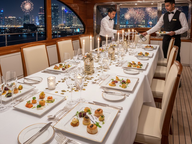 3-course gourmet NYE catering dinner served on luxury yacht deck Dubai