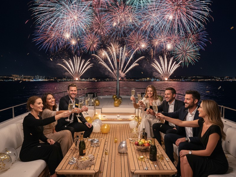 Champagne midnight toast on luxury yacht with NYE fireworks in background Dubai