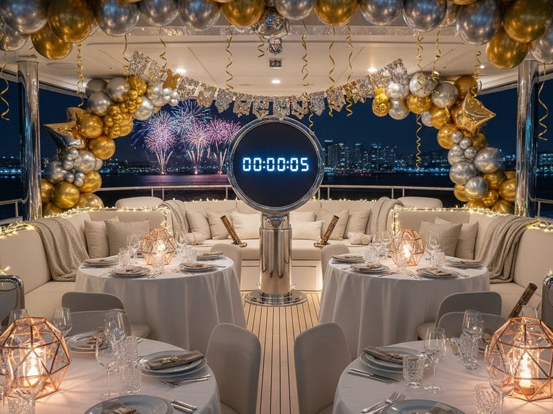 NYE themed balloon and décor setup on luxury yacht deck Dubai