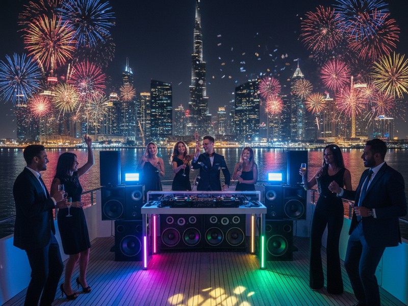 Professional DJ setup for New Year's Eve party on luxury yacht Dubai