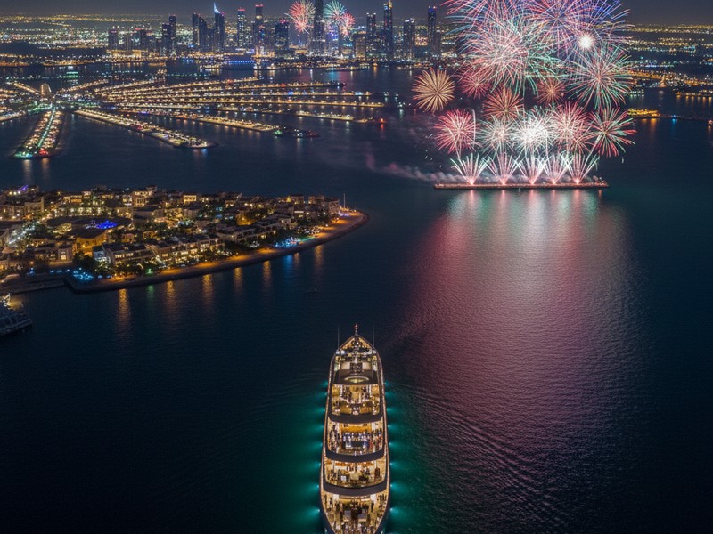 GCAA drone aerial footage of luxury yacht during New Year's Eve fireworks Dubai